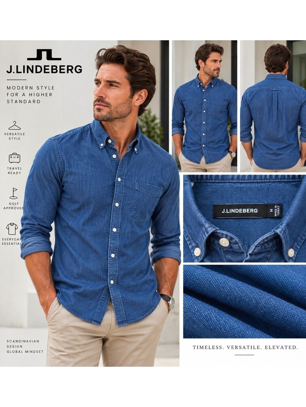 J.Lindeberg Mens M Blue Chambray Denim Look Button Down Shirt Long Sleeve